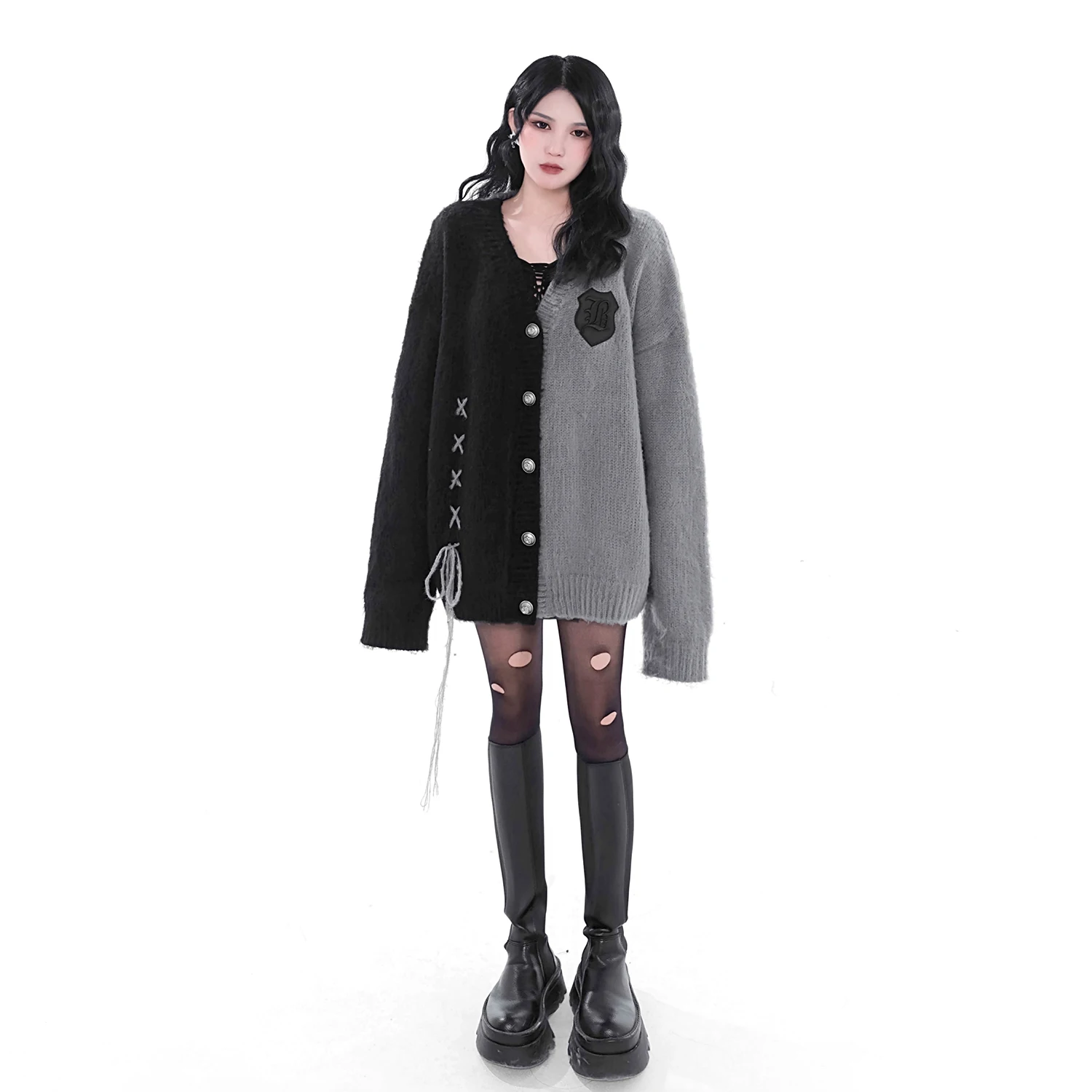 New Autumn and Winter Gray Spliced Black Bandage Contrasting Fashion Coat, Hot Girl Harajuku Punk Sweater Cardigan