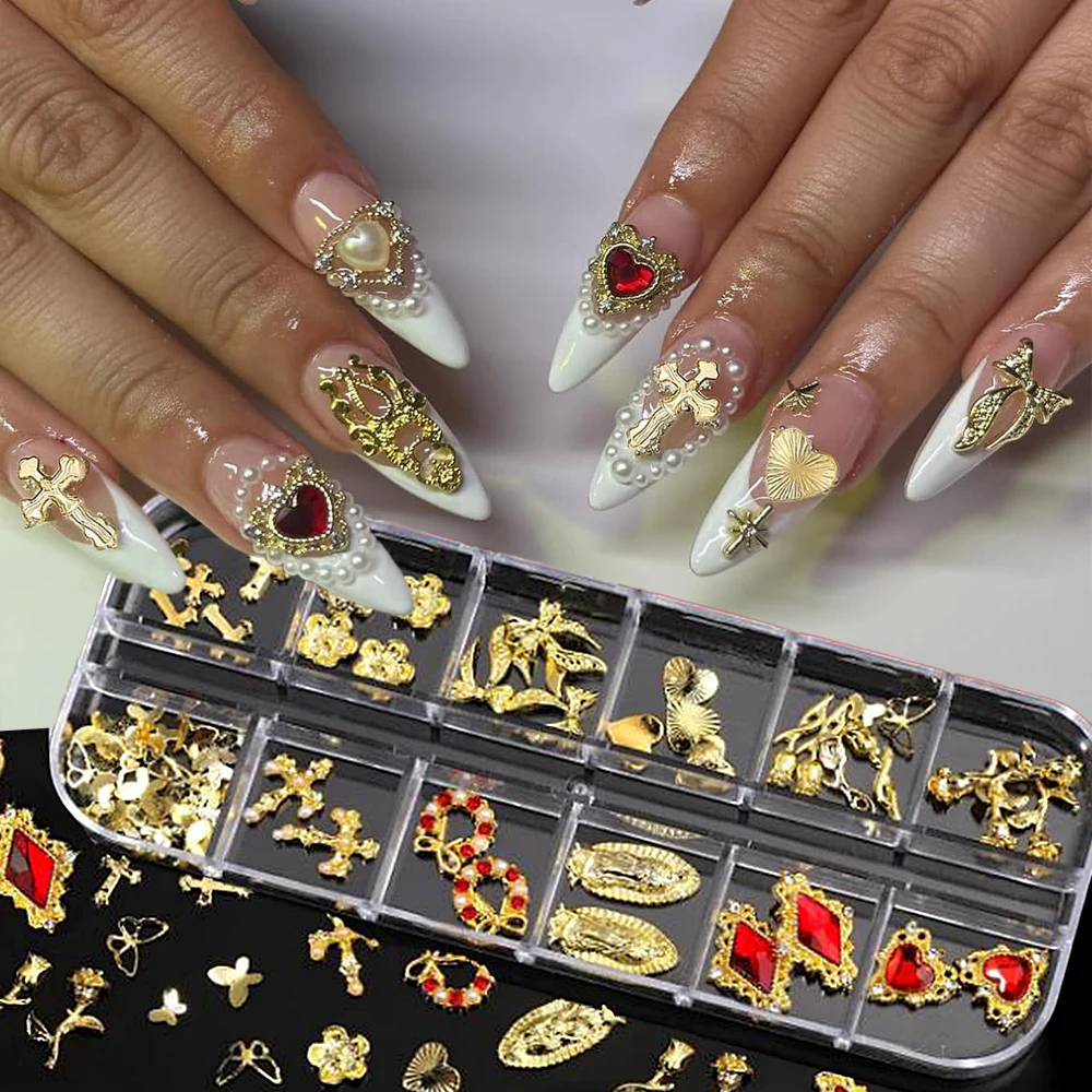 12Grid Metalllegierung Herz Kreuz Rose Nagelzubehör 3D Gold Rot Schleife Blumenkranz Nail Art Charms Y2k Luxus Nageldekoration
