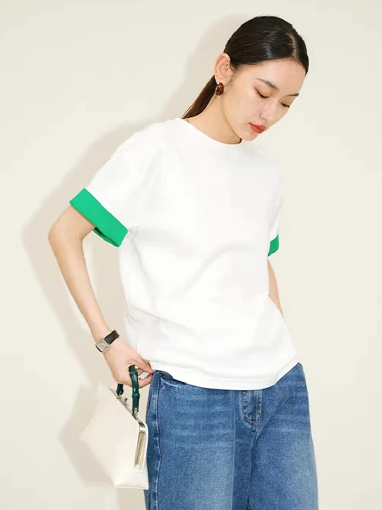 เสื้อยืดทรงสลิมฟิต คอกลม ดีไซน์ลายปะติด ผ้าฝ้ายแท้ เสื้อยืดเรียบง่าย สไตล์เกาหลี ใส่สบายในฤดูร้อน