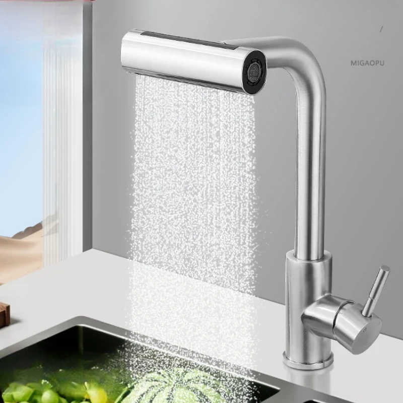 4-Mode Waterfall Kitchen Faucet Pull-Out Stainless Steel Sprayer Single Hole 360째 Rotation Sink Mixer Hot and Cold Water