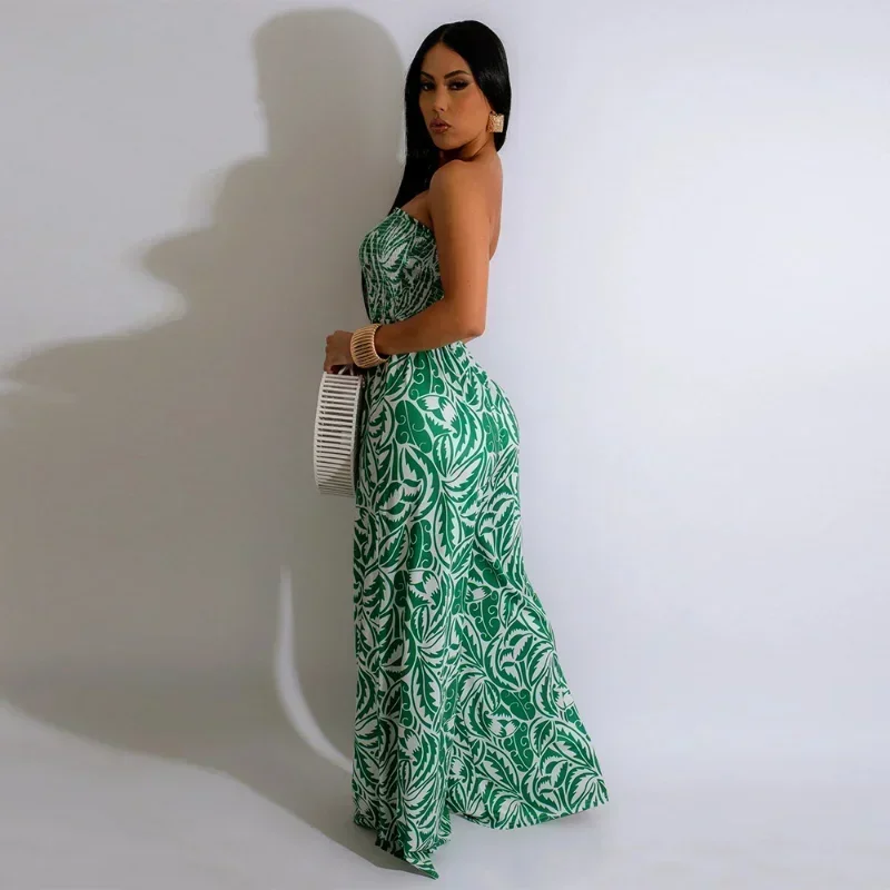 GUWU senza spalline elastico senza maniche dritto gamba larga moda foglia stampata tuta da donna 2024 tuta da spiaggia sexy set intero