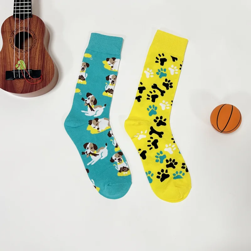 1 Pair Cartoon Cute Puppy and Footprint AB Style Trendy Personalized Men\'s Mid-Calf Socks