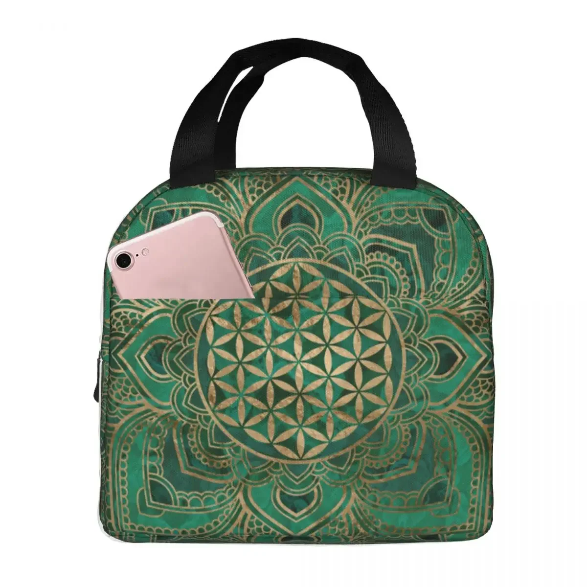 Lunch Bags for Men Women Flower Of Life In Lotus Malachite And Gold Insulated Cooler Portable Picnic Mandala Canvas Lunch Box