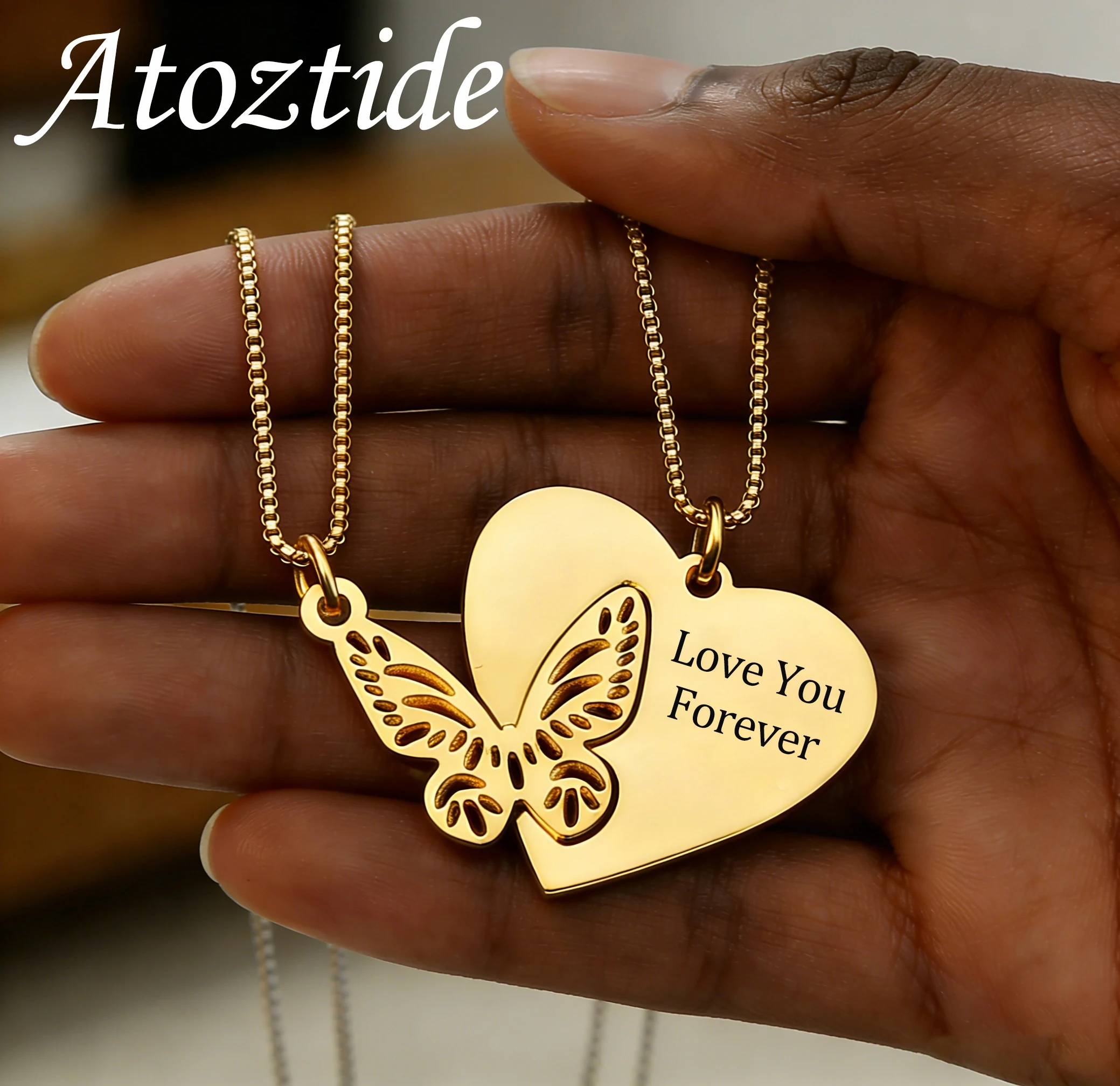 

Atoztide 1 пара ожерелий с гравировкой в виде сердца и бабочки для женщин, персонализированные украшения из нержавеющей стали, цепочка-бокс, подарок на годовщину