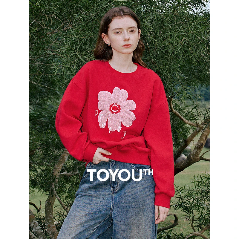 TOYOUTH Women Hoodies Sweatshirt 2025 Spring New Patchwork Embroidered Denim Velvet Round Neck Pullover Tops