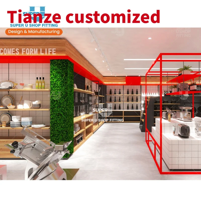 

(customized)Luxury Kitchen Utensils Shop Display Rack Cookware Department Store Interior Decoration Custom Kitchenware Showroom