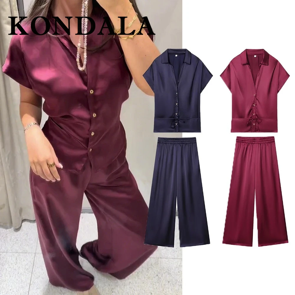 

KONDALA шикарный повседневный бордовый модный женский костюм 2025 с поясом, элегантная рубашка + широкие длинные брюки, уличная одежда, винтажный комплект Mujer