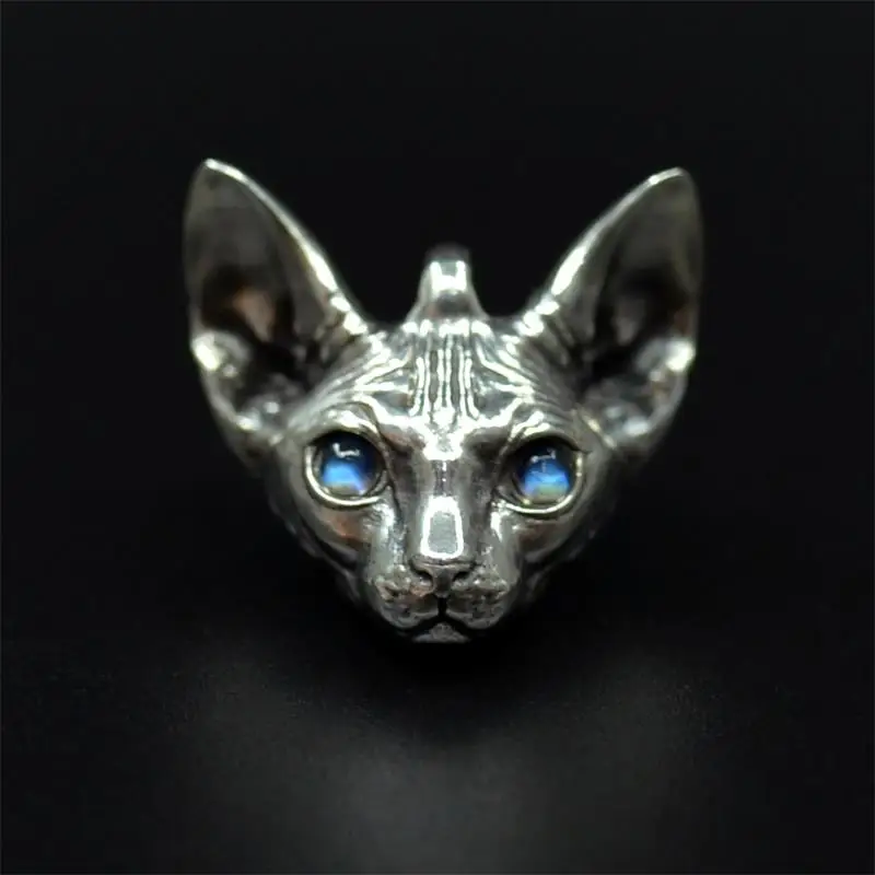 MengG Real S925 Sterling Silver Necklace Sphinx Cat Pendant Inlay Moon Stone Hairless Cat Original Design Jewelry Handmade Gift