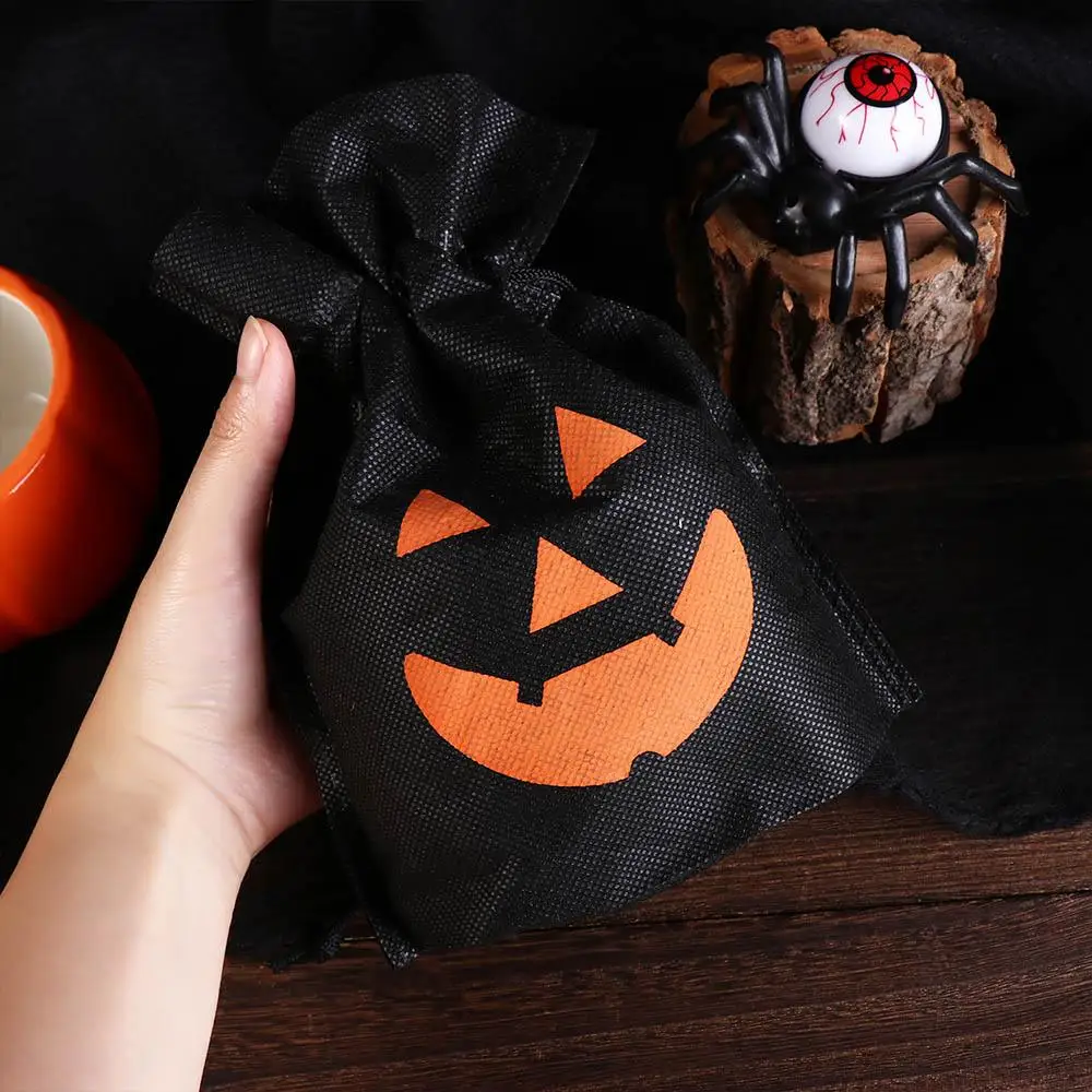 Tas tangan Halloween tas permen perhiasan Organizer kemasan koin dompet labu tas hadiah Oranye hitam serut kantong penyimpanan