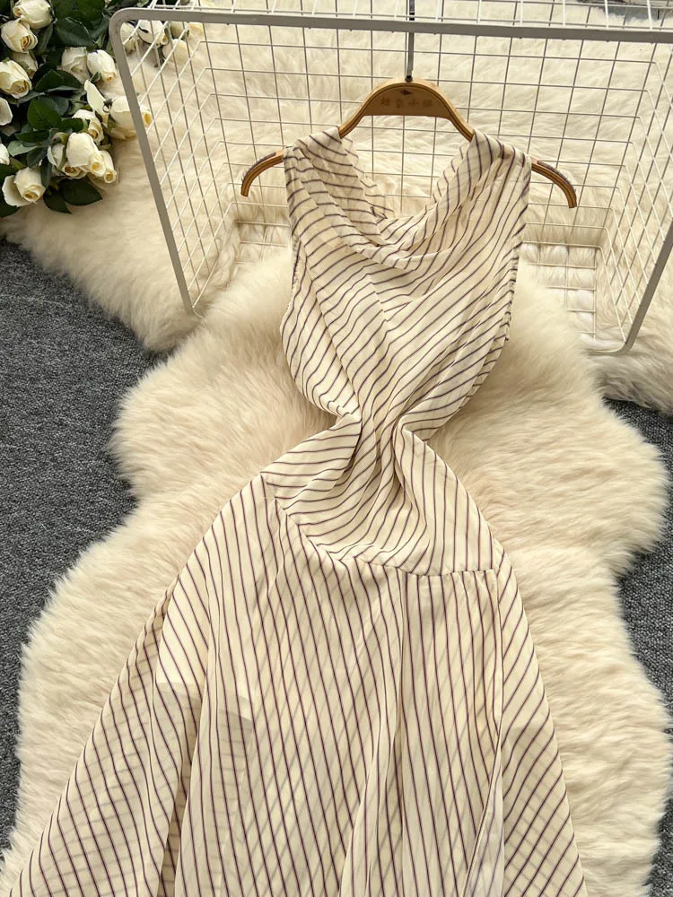 Ele taille haute a-ligne Dr femmes luxe Svel rayé asymétrique Dr coréen Sle été longue Dr