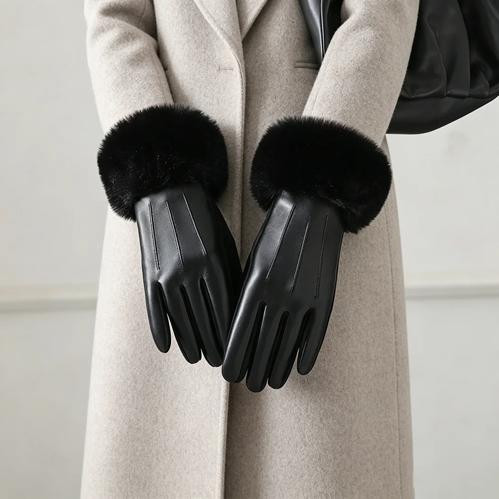 Women Luxury Suede Leather Soft Faux Fur Trim Cuff Fashion Elegant Wrist Winter Party Warm Touch Screen Thick Windproof Gloves
