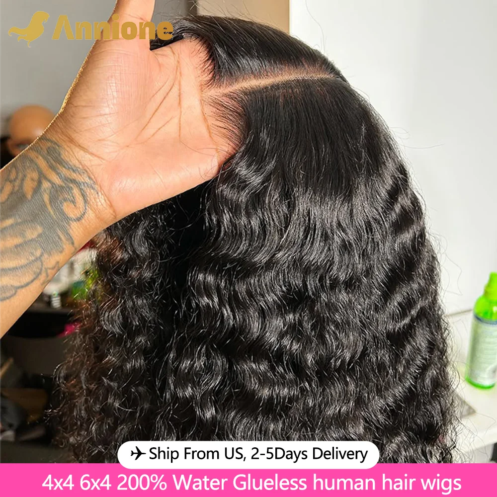 Annione 6x4 Glueless Wig Human Hair Ready To Wear 26 inch Deep Curly Wigs 4x4 Transparent Lace Closure Glueless Wigs Human Hair