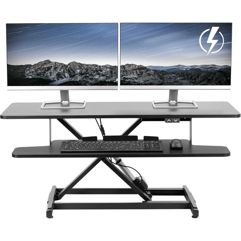 Electric Motor Desk Converter, Height Adjustable Riser, Sit to Stand Dual Monitor and Laptop Workstation with Wide Keyboard Tray