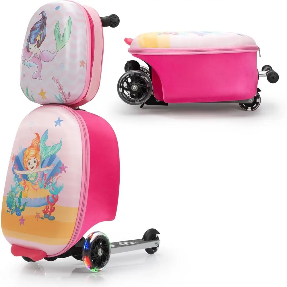 Ride-On Suitcase & Backpack Combo, 30L + 10L, Durable EVA, Lightweight Wheels, Mermaid Pattern for Girls 4-8
