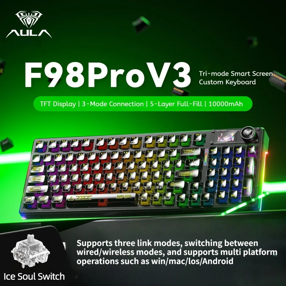 AULA F98 Pro V3 Gaming Mechanical Keyboard 2.4G Wireless/Bluetooth/Wired E-sports Keyboard Hifi Switch with Screen and Knob