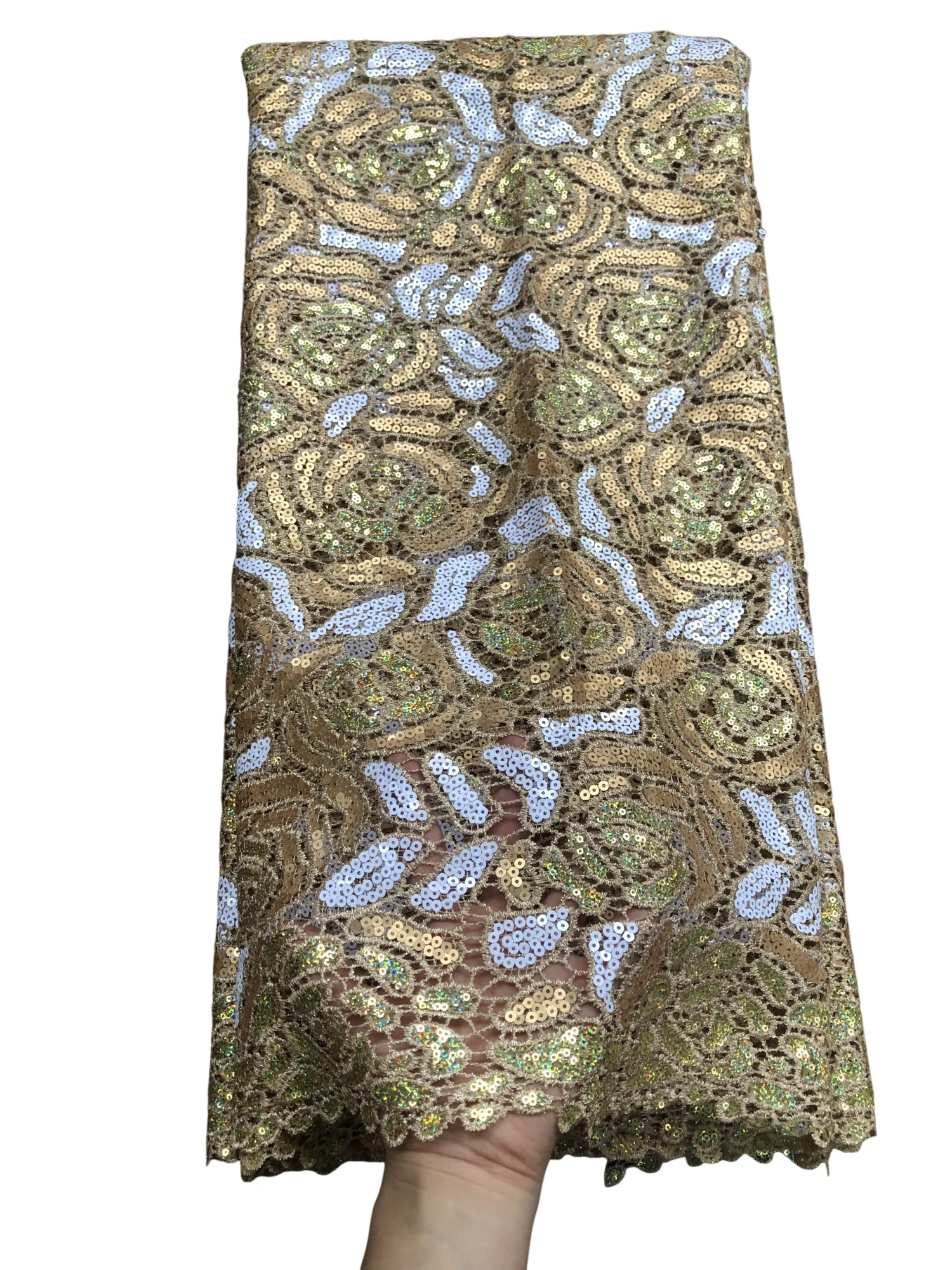 

Fashion Hollow Out Guipure Cord Lace Fabric 2025 African Water Soluble Bicolor Sequins Lace Nigeria Cord For Women Wedding Dress