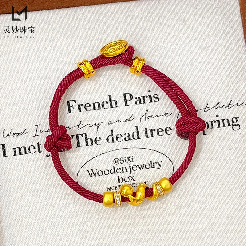 

9999 24K real gold luxury jewelry roll snake bracelet yellow wealth god zodiac snake year red rope bracelet gift for girlfriend