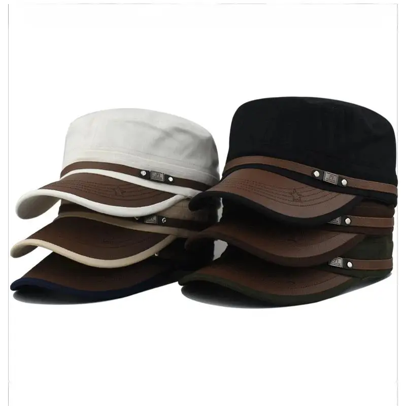 New 1Pcs Adjustable Men Military Cadet Cap Durable Cotton Star Embroidery Flat Top Hat for Outdoor Trips