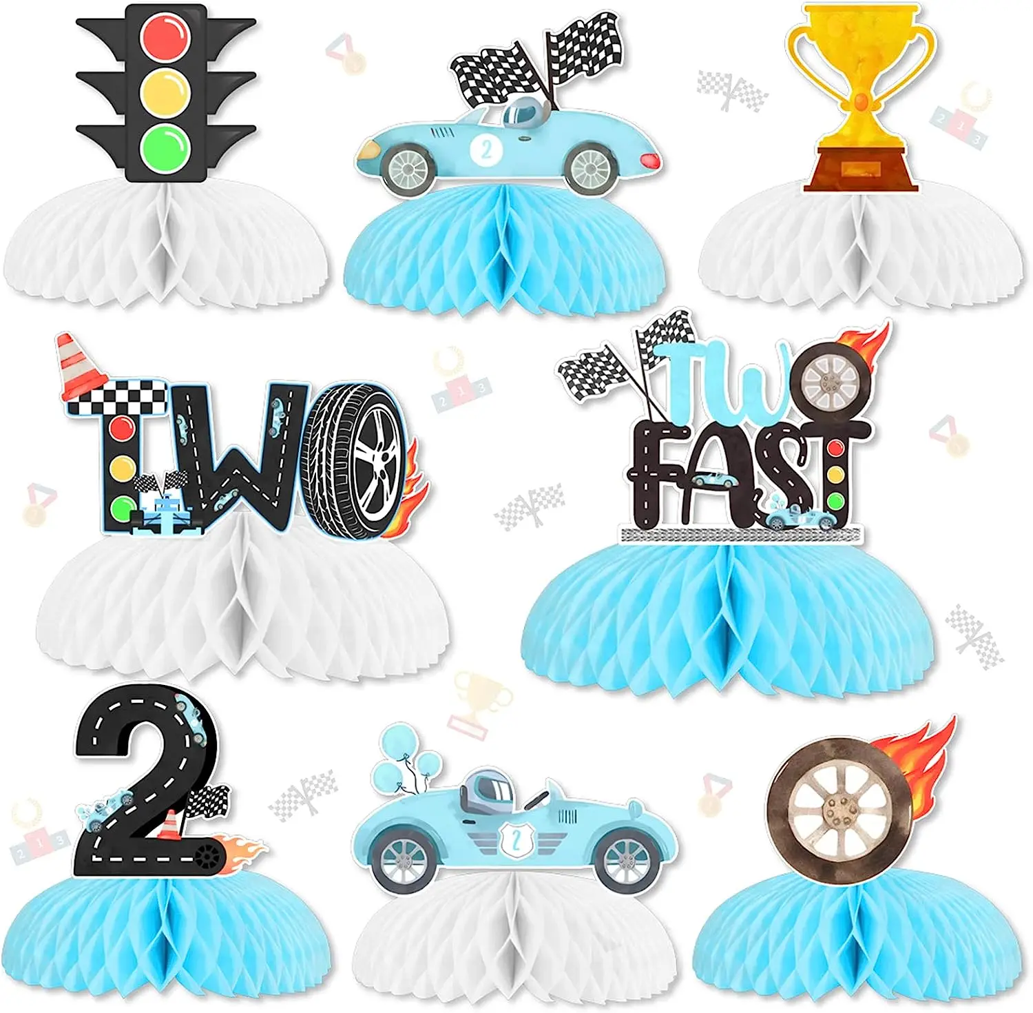 8 Pieces Two Fast Honeycomb Centerpieces Race Car 2nd Birthday Party Decorations for Boys Blue Double-Sided Cars Table Decor