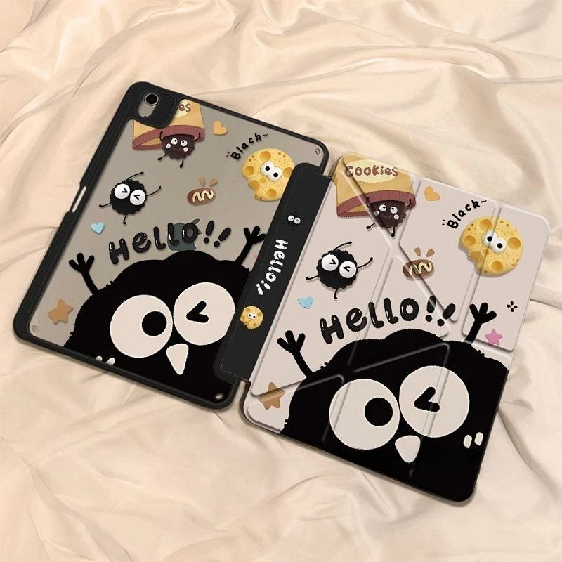 Kawaii Coal Ball Cookie Tablet Cover Cartoon Black Dust Ball Print Y-Fold Case for Xiaomi Pad 7 7Pro 11.2in Mipad 5 6 Pro 11in