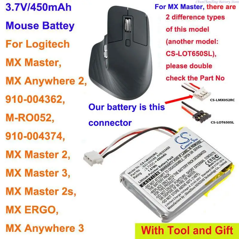 450mAh Battery for Logitech M-RO052, MX Anywhere 2, MX Master, MX Master 2, MX Master 2s, MX Master 3,MX Anywhere 3