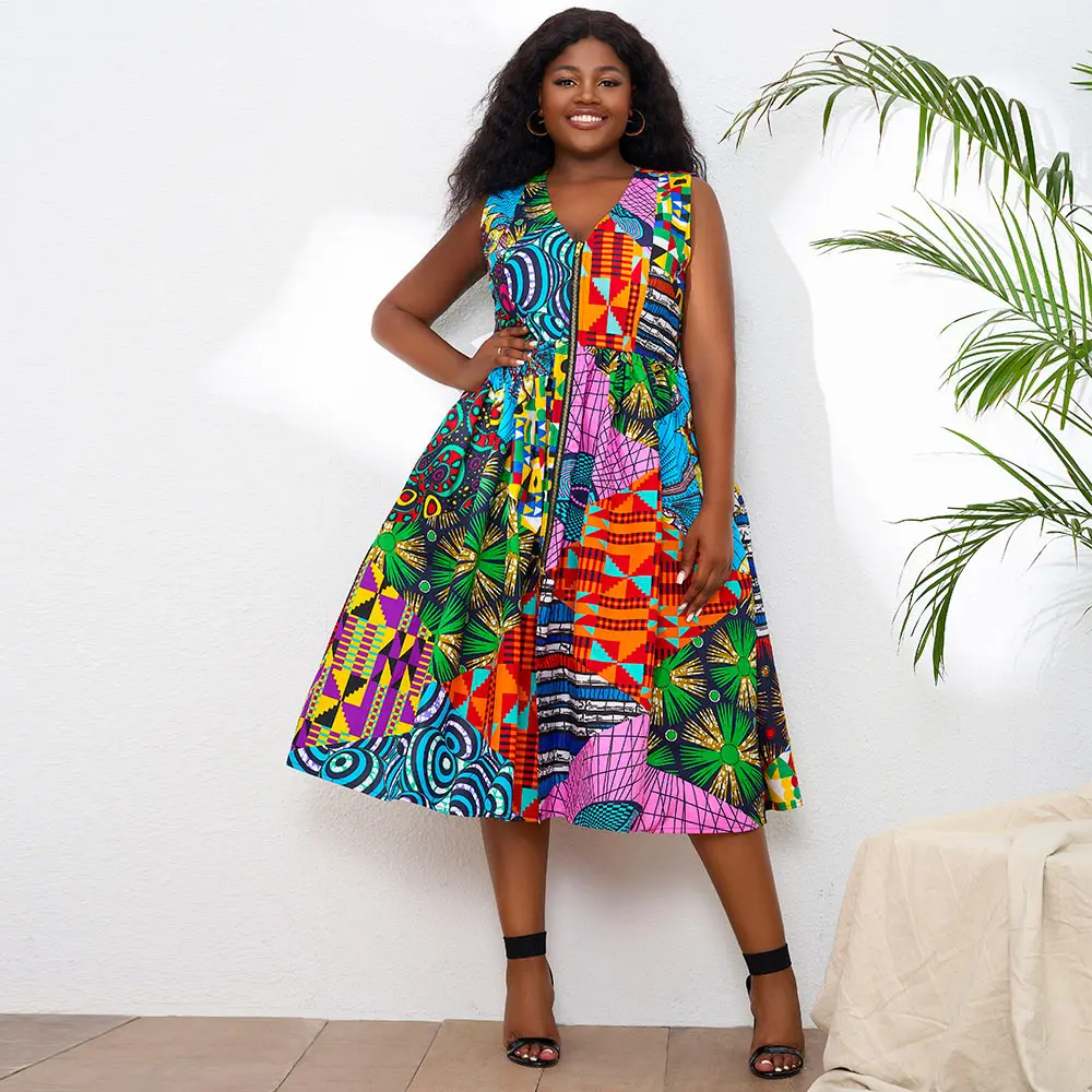 

African Dresses For Women Full Zip Ankara Print Sleeveless Midi dress fashion African Mix Wax Party Dress For Ladies