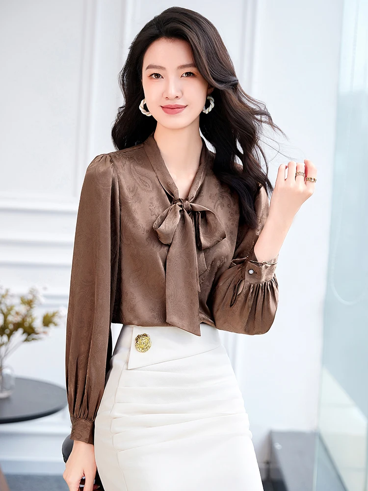 

Women's Clothing Chiffon Bow Tie Elegant Office Lady Long-sleeved Blouse Top 2024 Autumn Spring New Professional Printed Shirts