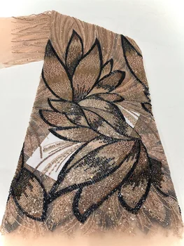 قماش دانتيل أفريقي فرنسي مطرز بالخرز ، جودة عالية ، تول مطرز بالترتر النيجيري ثلاثي الأبعاد ، خياطة فستان للحفلات ، 5 ياردات ،