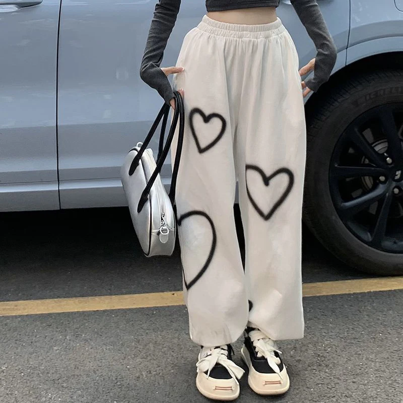 High Quality Heart Printing Casual Pants Women Bf Cotton Vintage Loose Straight Jogging Pants Fashion Hip Hop Streetwear