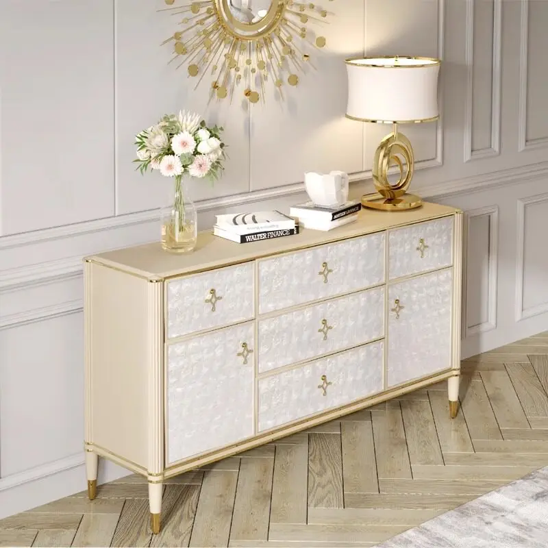American style light luxury shell five-drawer cabinet, solid wood home entryway, modern minimalist living room hallway storage