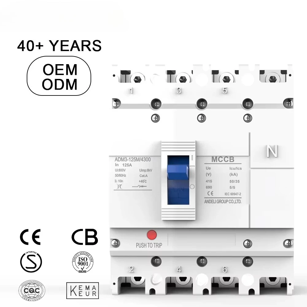 ADM3-125M-4300 125A 35kA Breaking Capacity Molded Case Circuit Breaker 4P MCCB 50/60Hz 400/690V 8kV Class Programmable