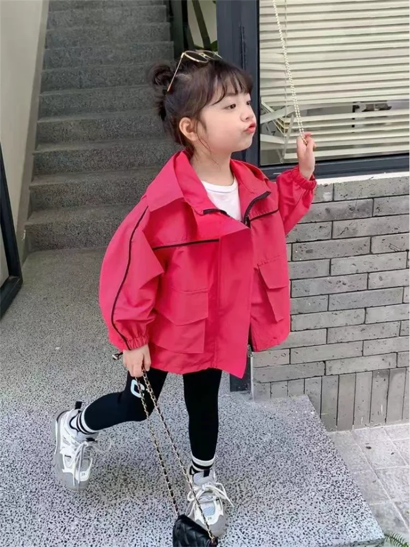 Girls Fashion Hooded Jackets 2024 New Kids Autumn Coats Children Spring Casual Zipper Trench Toddler Trends Solid Colour Clothes
