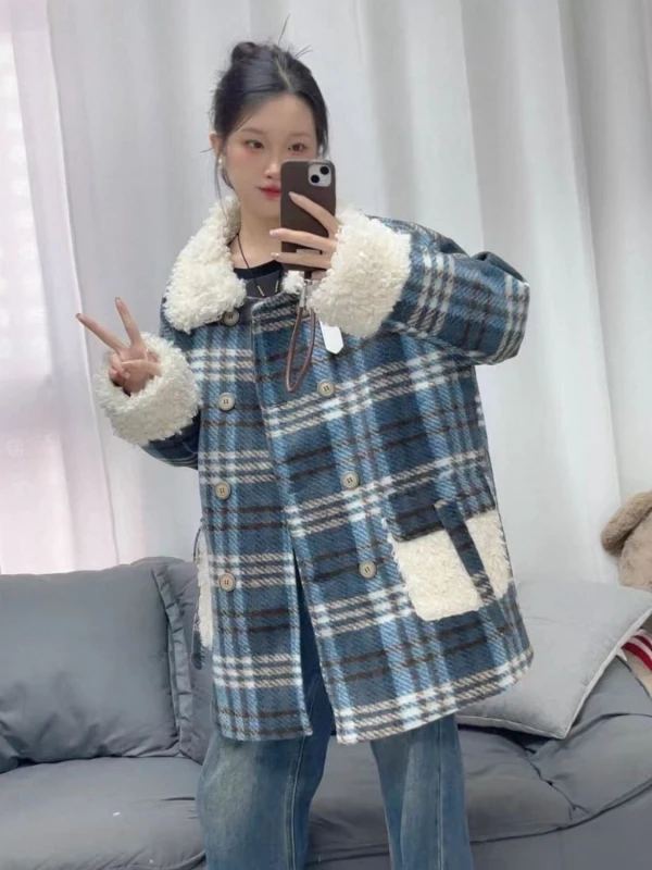 

Thiened Plaid Lamb Velvet Collar Jaet Outerwear ex Winter Middle-Length Cotton Padded Coat Warm Casual Hooded Zipper