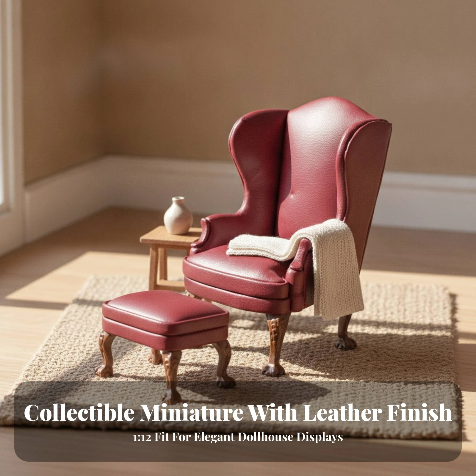 Dollhouse Armchair with Footstool 1:12 Scale Miniature Armchair with Ottoman High-Back Chair with Footrest Upholstered Furniture view 2