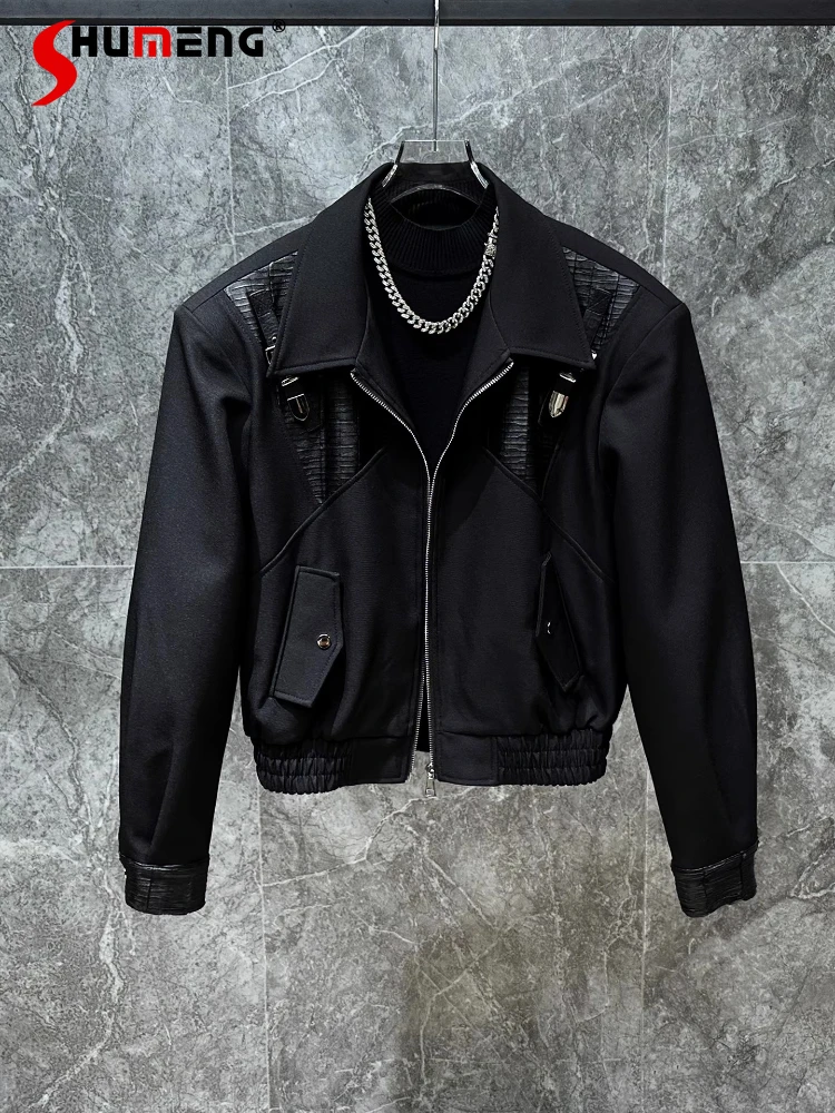 

Men's 2025 Autumn New Fashion Splicing Faux Leather Short Jackets Trend Loose Versatile Jackets Male Lapel Padded Shoulder Coats