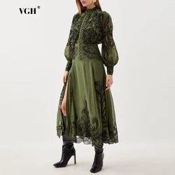 VGH hit color Embroidery Elegant lace Dresses For Women Stand Collar Lantern Sleeve High Waist Temperament Tunic Dress Female