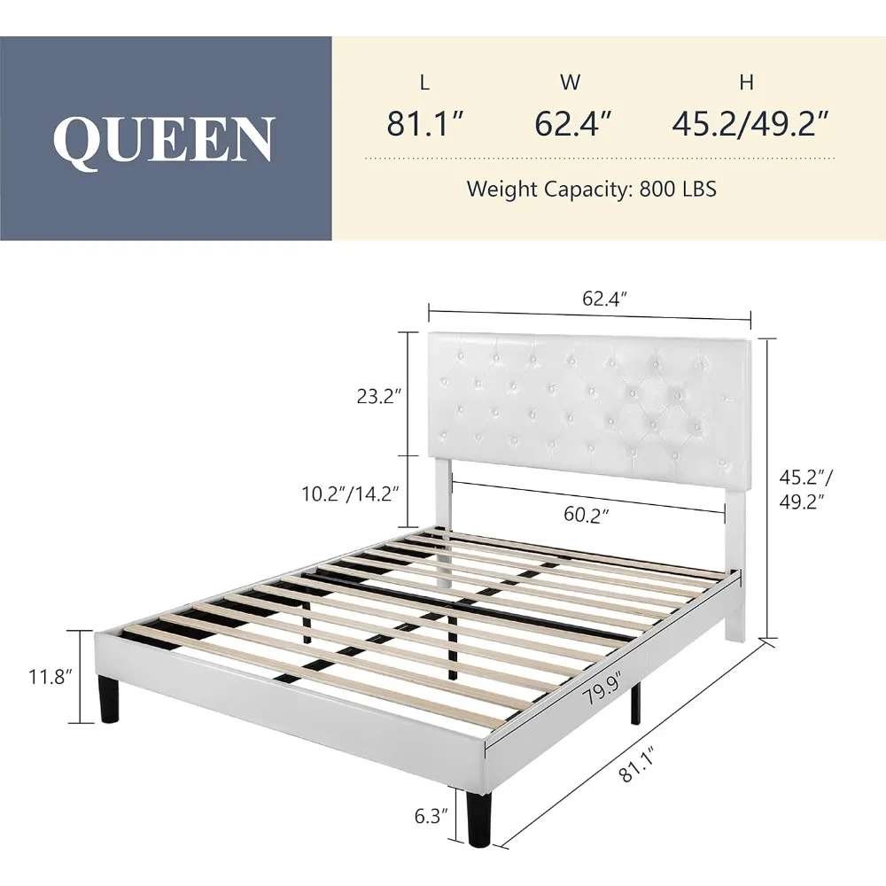 إطار سرير بمنصة كوين قابل للتعديل مع لوح رأسي من الجلد الصناعي وخياطة ماسية وشد أزرار ودعم شريحة خشبية #2