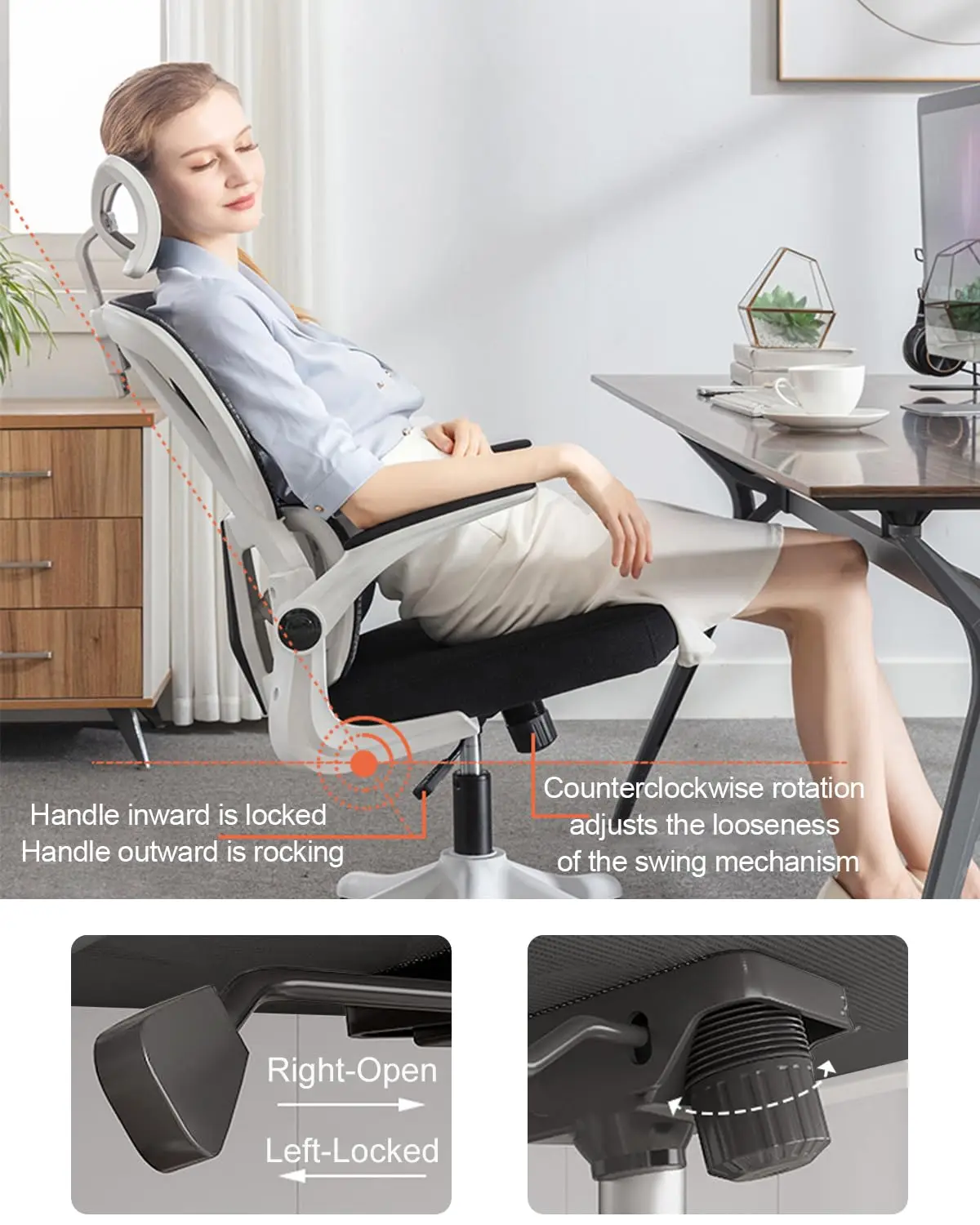 Home Office Chair Work Swivel Chairs with Wheels, Breathable Mesh Back Gaming Chair Adjustable Headrest image 5