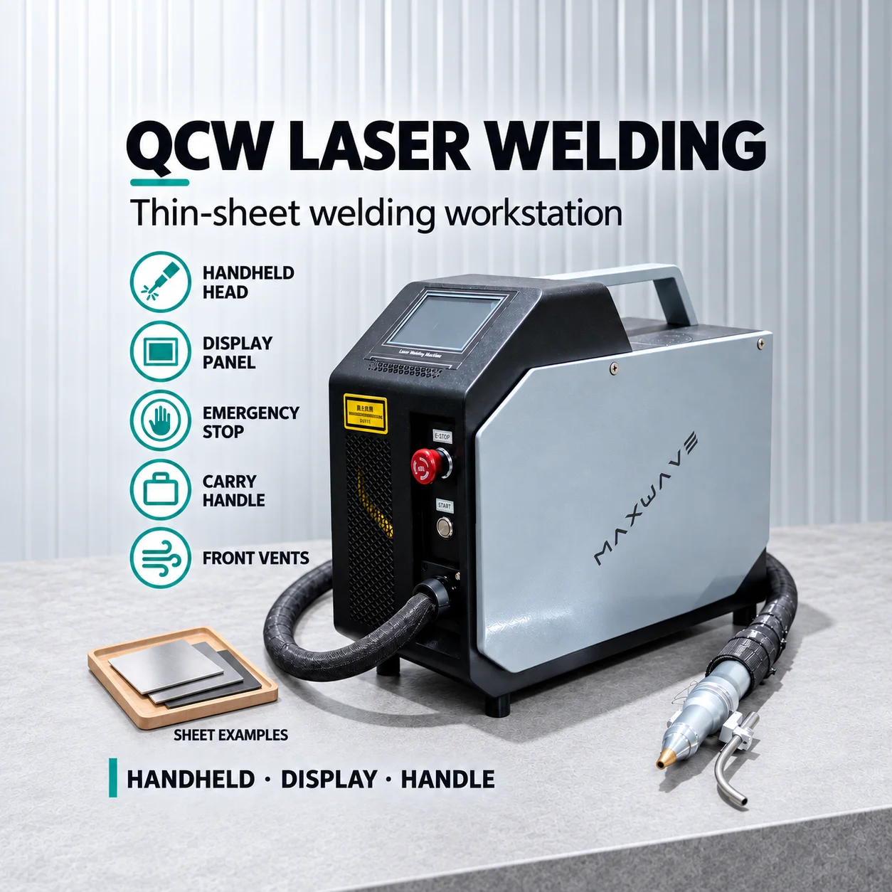 Thin Sheet Welding Equipment with QCW Handheld Laser Head, Display Panel, Emergency Stop Button and a Top Mounted Carry Handle