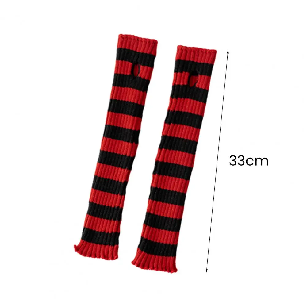 Ladies Winter Gloves Red-black Striped Arm Warmers with Thumbhole Design for Women Unisex Elbow Length Stretchy for Warmth