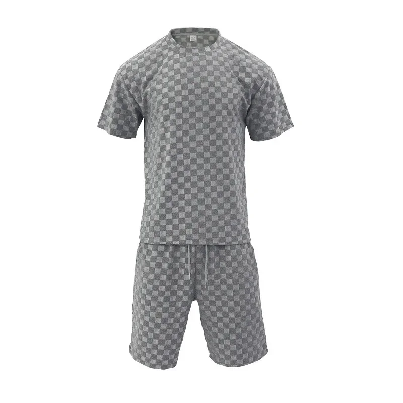 Men\'s Sports Suit Summer New High Street Jacquard Plaid T-shirt Shorts Two-piece Set Male Casual Retro Loose O-neck Top