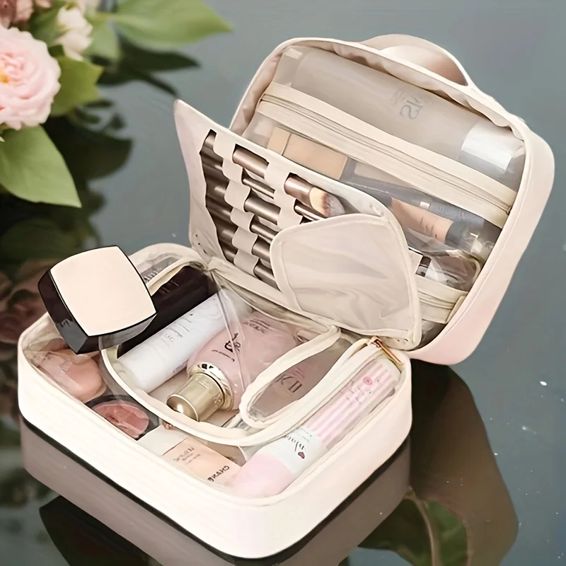 2024 Makeup Cosmetic Bag, Travel Makeup Organizer with 2 Detachable and Removable Pockets, Waterproof Toiletry Bag, Luxury Aesth