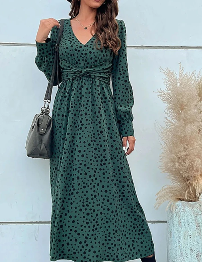 Fashion Autumn Women's V Neck Green Long Sleeve Leopard Print Dress Ladies High Waist Chic Dresses Vestidos
