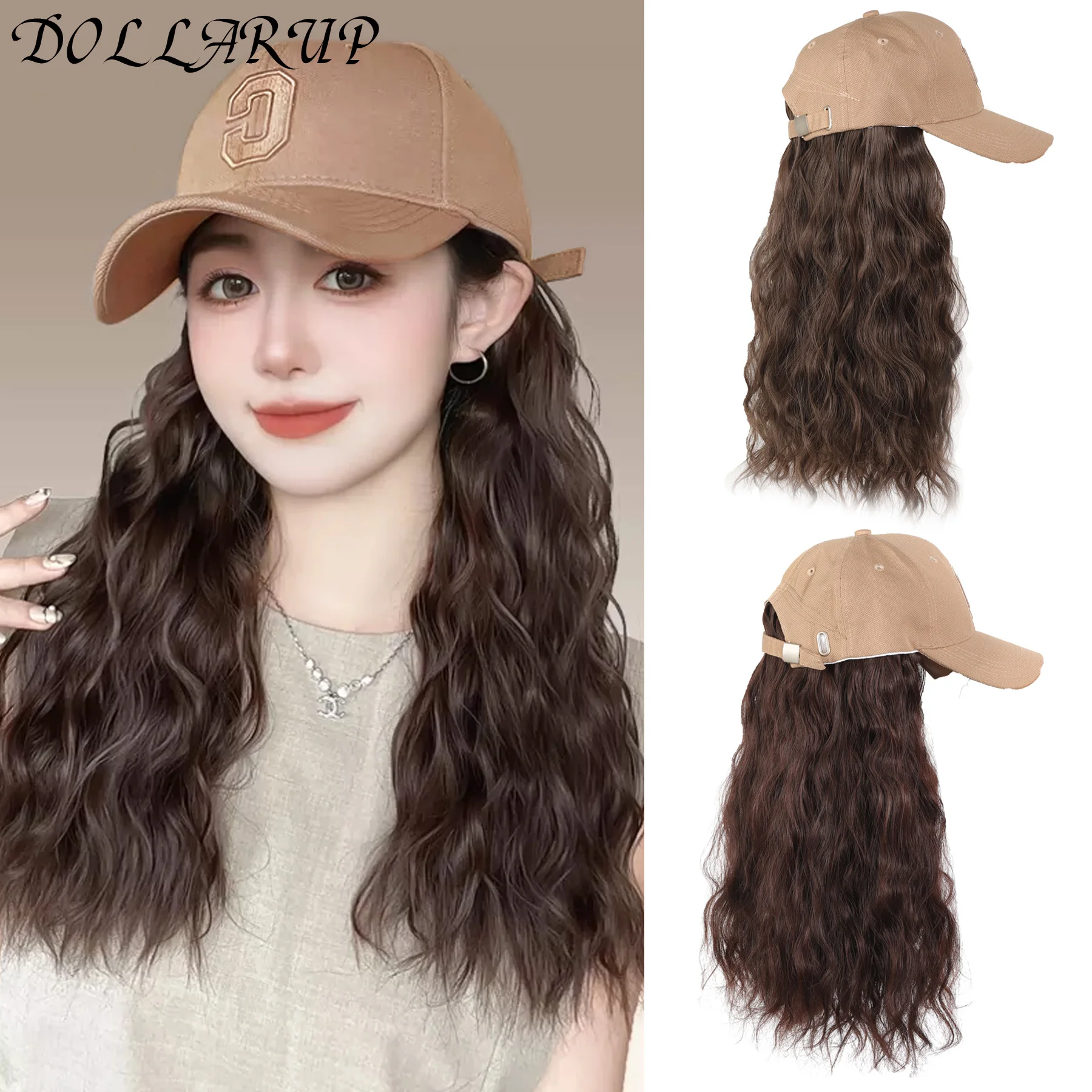 Long Synthetic Fluffy Natural Wave Wavy Curly Hair Wigs with Hat Baseball Cap Naturally Connect Adjustable Hat Wig