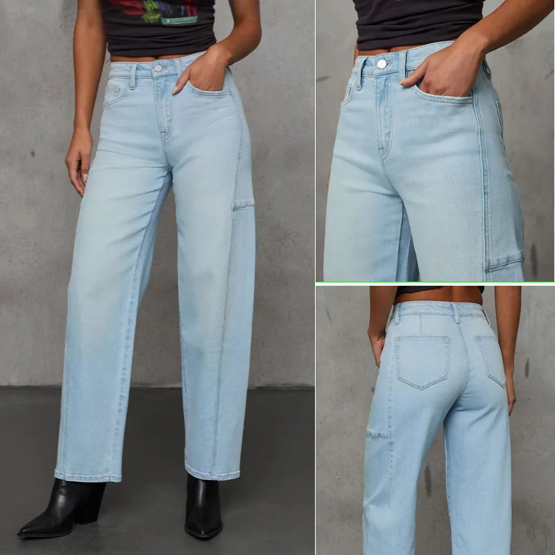 

Прямые брюки, джинсы, женские винтажные брюки, джинсовые брюки с высокой талией, эластичные потертые карманы, полная длина, женская уличная одежда