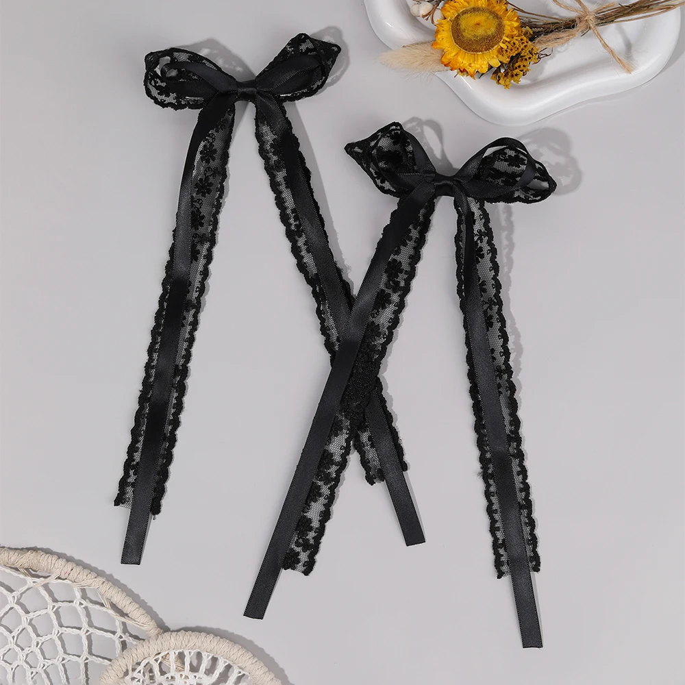 2 Stuks Witte Kant Boog Haarspeldjes Bloem Borduren Lange Lint Haarspelden Zoete Bloemen Barrette Meisjes Kinderen Hoofddeksels Accessoires