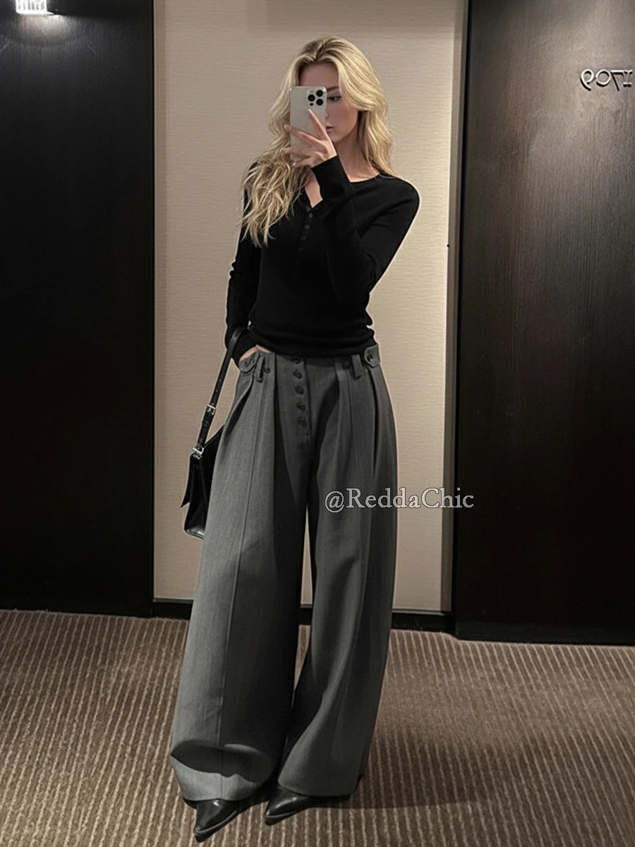 REDDACHiC Pantaloni da abito unisex con bottoni e tasche Pantaloni casual a gamba larga larghi a pieghe Pantaloni da lavoro eleganti da donna da uomo