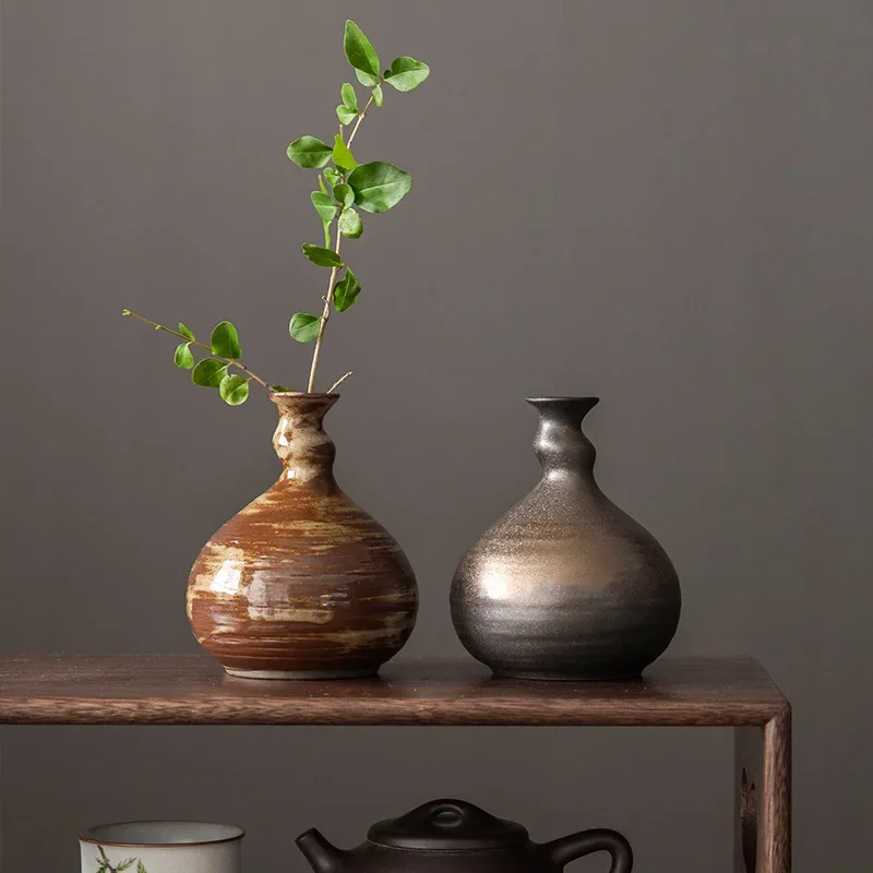 家の装飾のためのレトロなセラミック花瓶、日本の装飾、粗い陶器、ドライフラワーのための創造的な装置、金箔