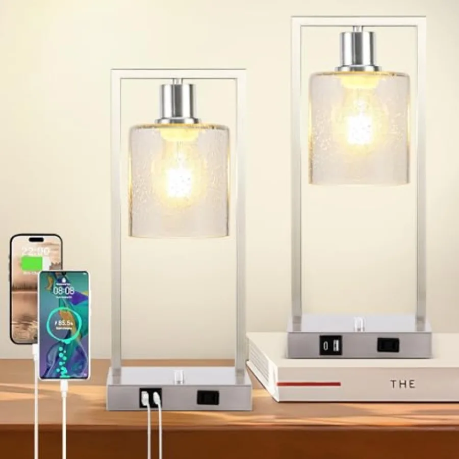 

16" Desk Lamps for Home Office, Bedside Lamps with USB C+A Ports and Outlet, Nickel Fully Stepless Dimmable Industrial Table La