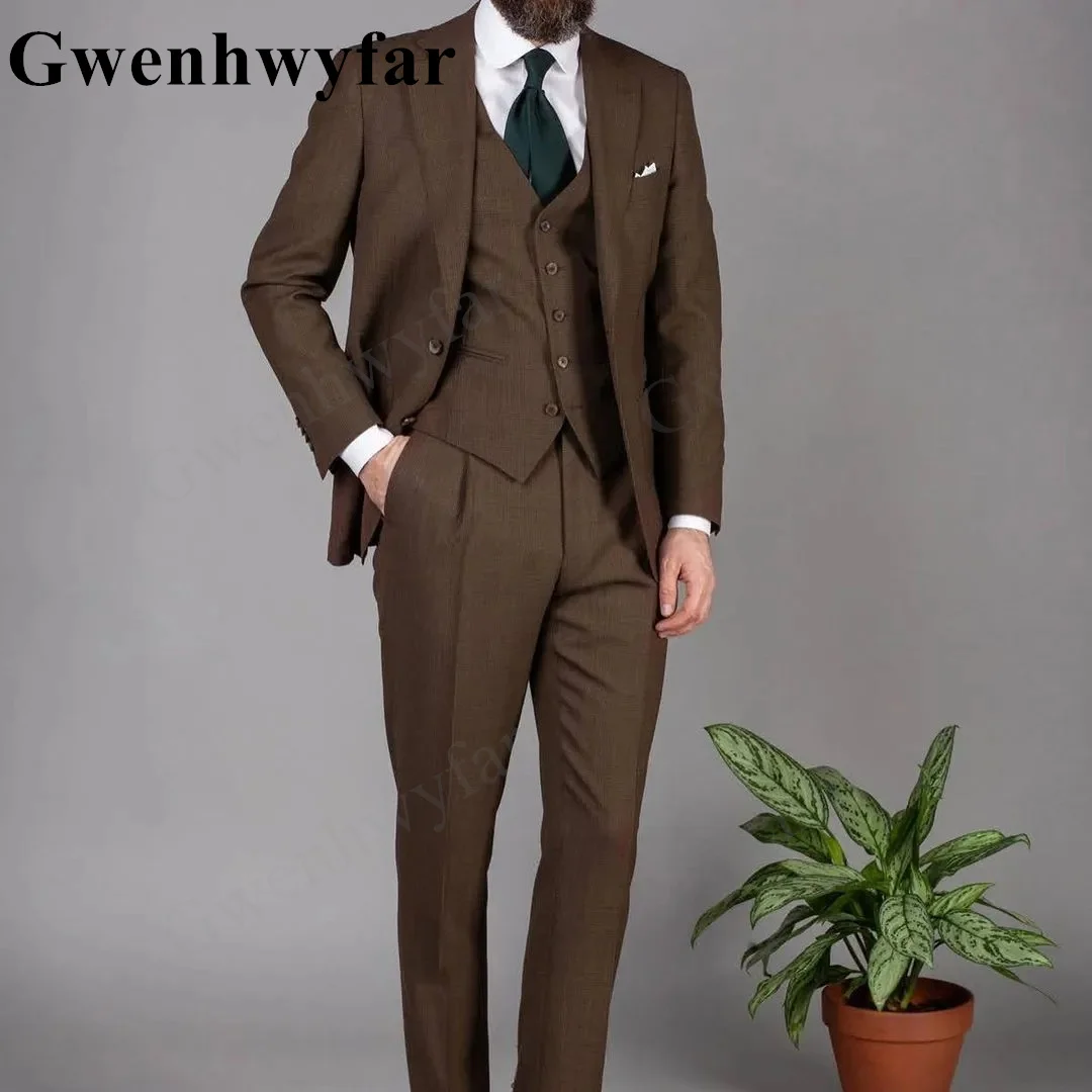 

Gwenhwyfar Exquisite Men's Brown Suits Tailored 3 Pcs Blazer Pants One Button Wedding Notched Lapel Groom Custom Made Plus Size